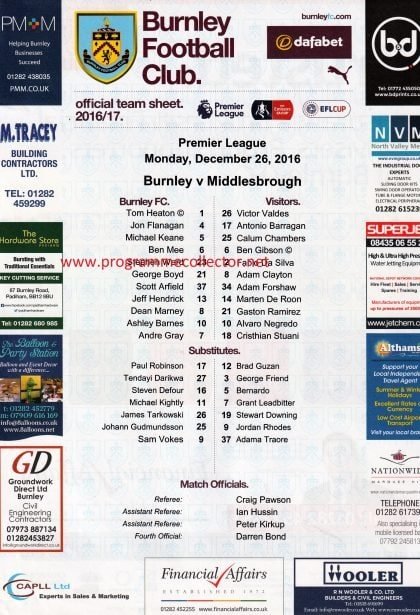 Burnley v Middlesbrough 26-Dec-2016