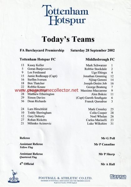 Tottenham Hotspur v Middlesbrough  28-Sep-2002