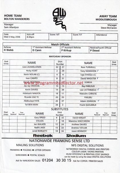 Bolton Wanderers v Middlesbrough 03-May-2006