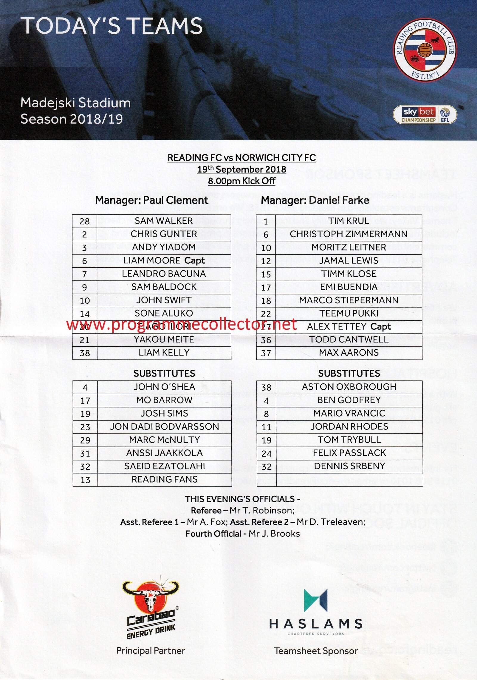 Reading v Norwich City 19-Sep-2018