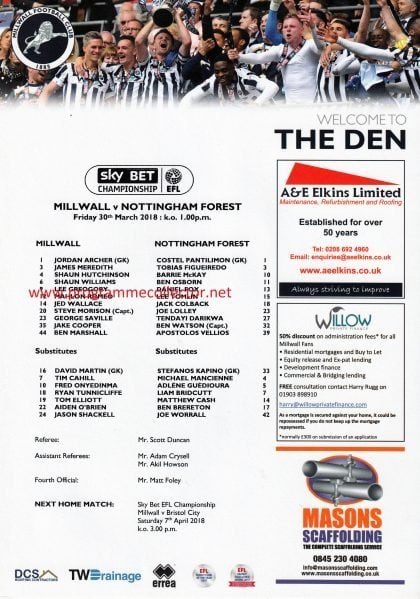 Millwall v Nottingham Forest  30-Mar-2018