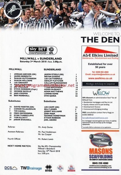 Millwall v Sunderland  03-Mar-2018