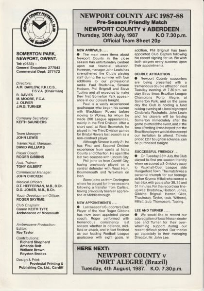 Newport County v Aberdeen  30-Jul-1987