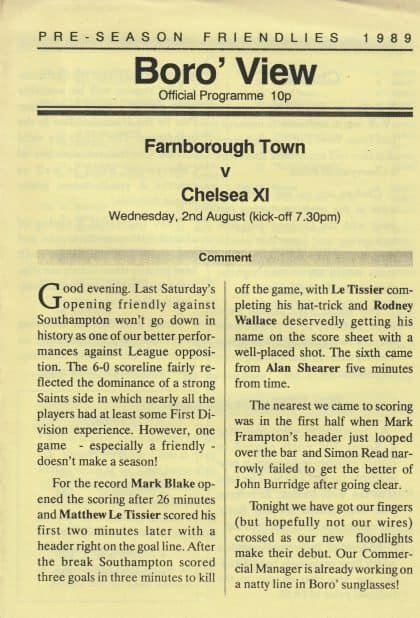 Farnborough Town v Chelsea XI  02-Aug-1989