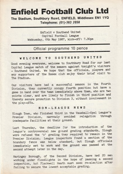 Enfield Reserves v Southend United Reserves  06-May-1987