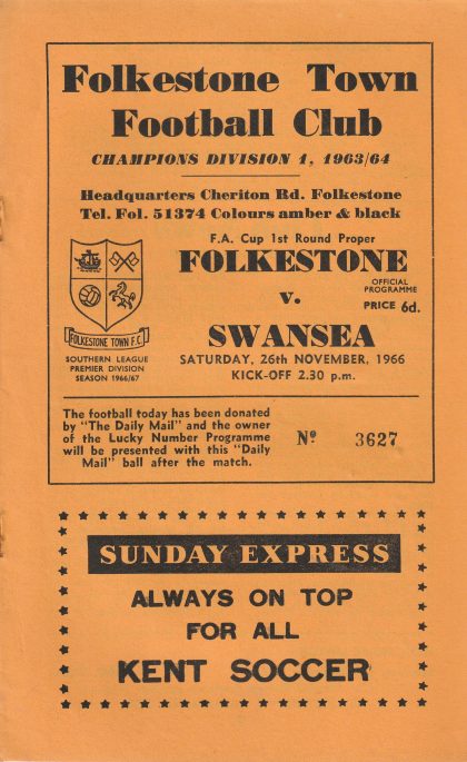 Folkestone Town v Swansea Town  26-Nov-1966