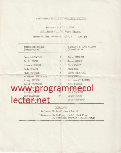 Cambridge United Youth v Brighton & Hove Albion Youth 26-Nov-1981