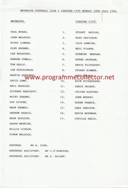 Weymouth v Chester City 29-Jul-1996