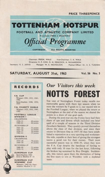 Tottenham Hotspur v Nottingham Forest 31-Aug-1963