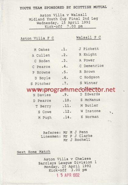 Aston Villa Youth v Walsall Youth 15-Apr-1992