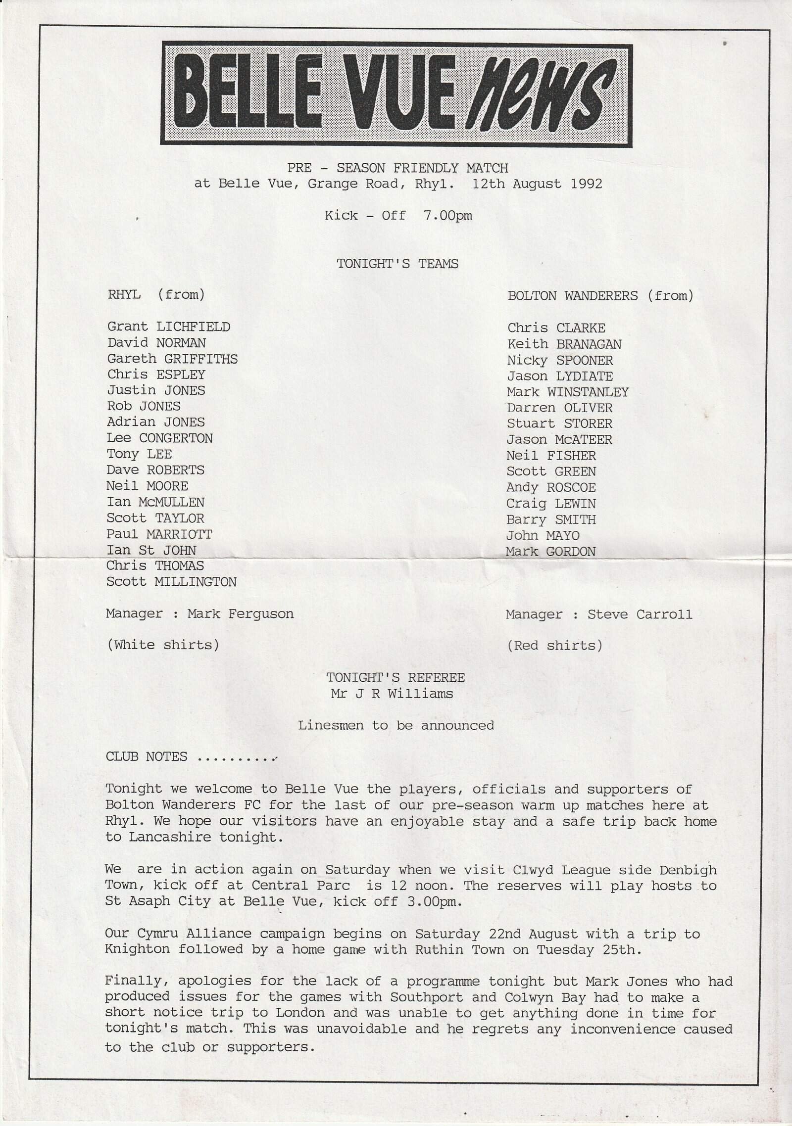 Rhyl v Bolton Wanderers 12-Aug-1992