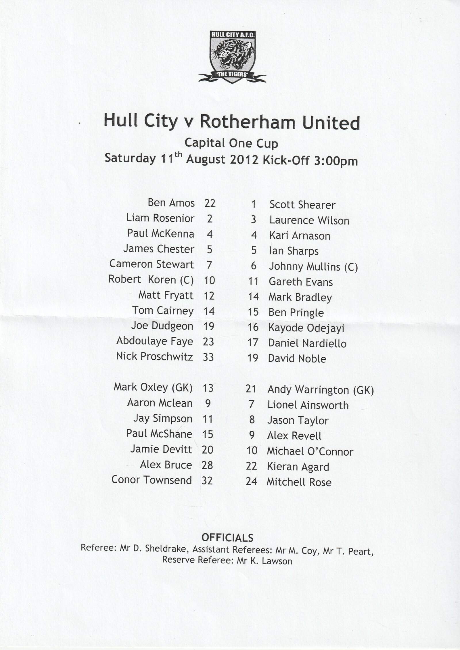 Hull City v Rotherham United 11-Aug-2012