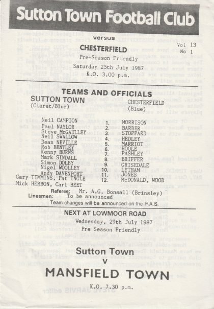 Sutton Town v Chesterfield 25-Jul-1987