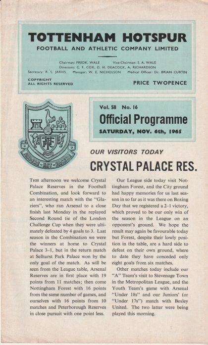 Tottenham Hotspur Reserves v Crystal Palace Reserves 06-Nov-1965
