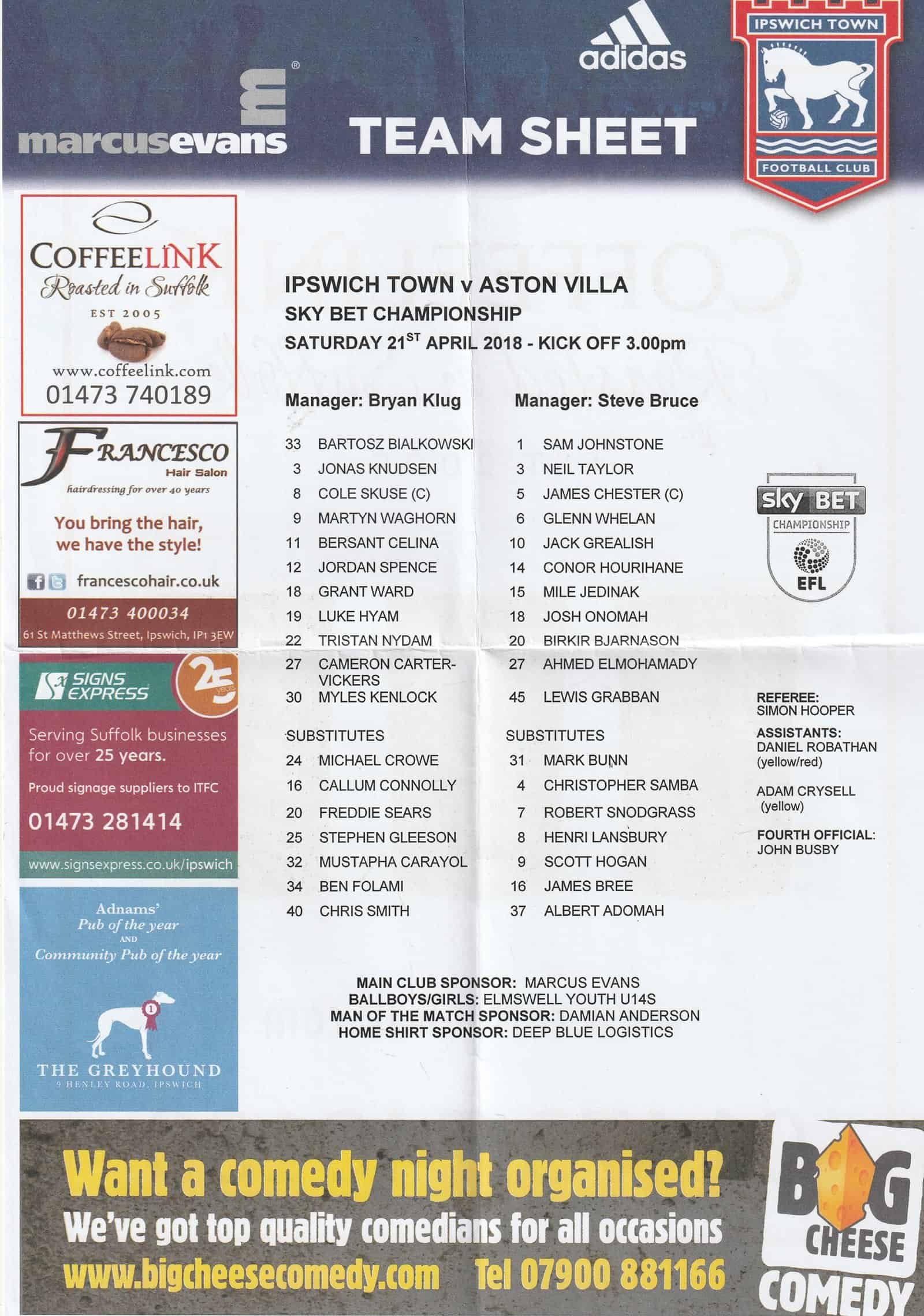 Ipswich Town v Aston Villa 21-Apr-2018