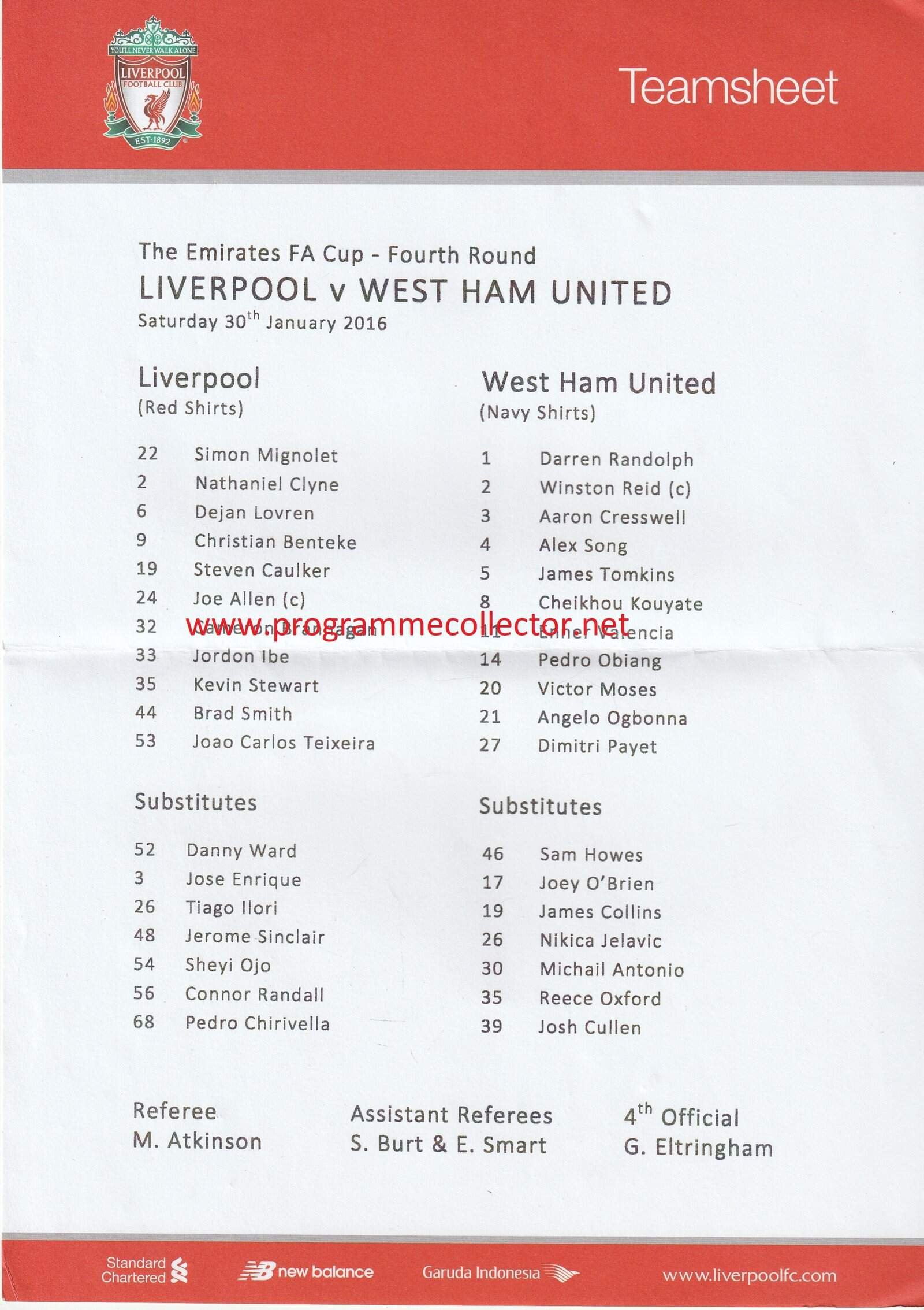 Liverpool v West Ham United  30-Jan-2016