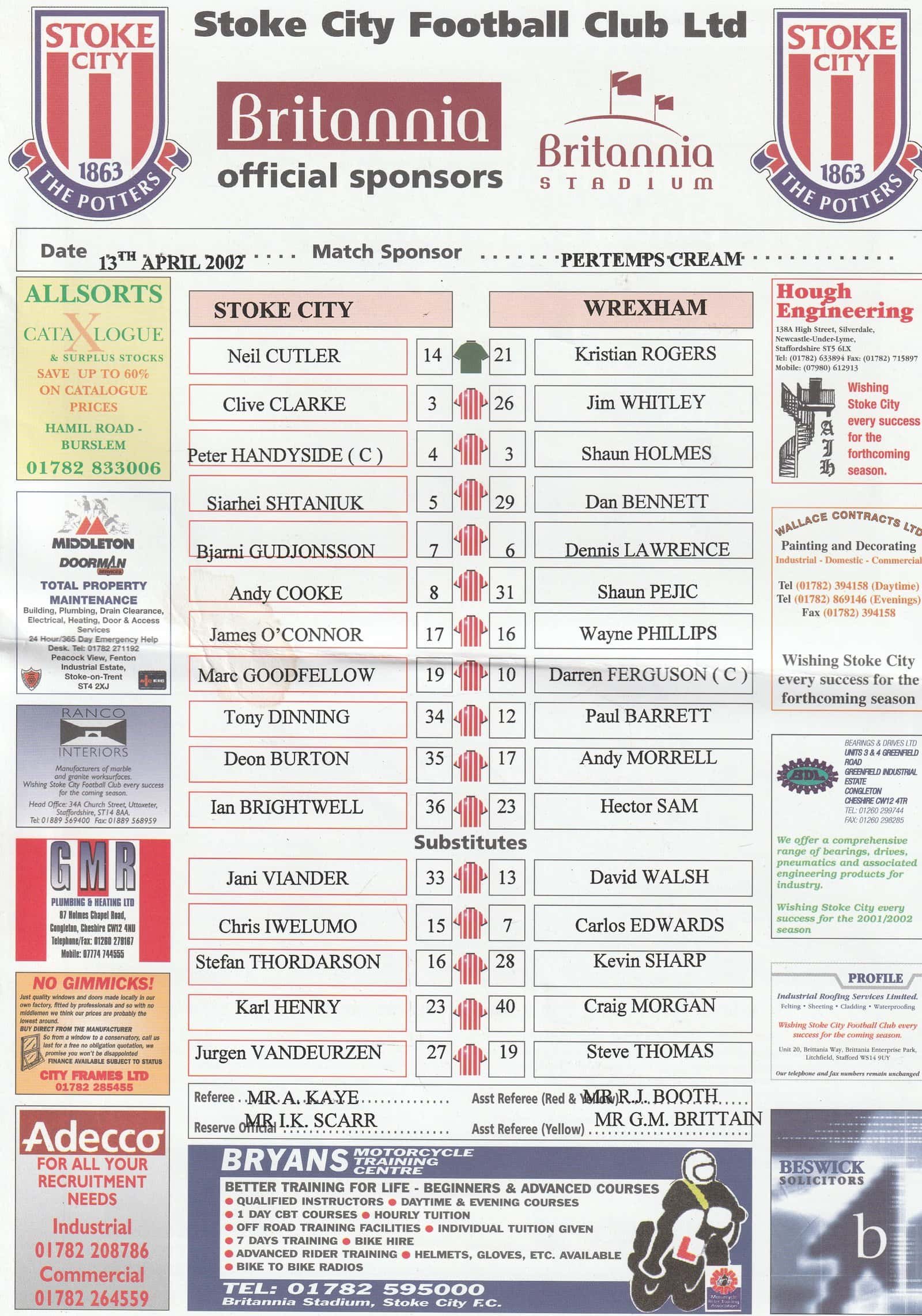 Stoke City v Wrexham 13-Apr-2002