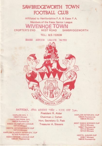 Sawbridgeworth Town v Wivenhoe Town 28-Aug-1982