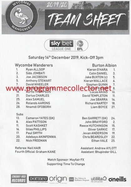 Wycombe Wanderers v Burton Albion 14-Dec-2019
