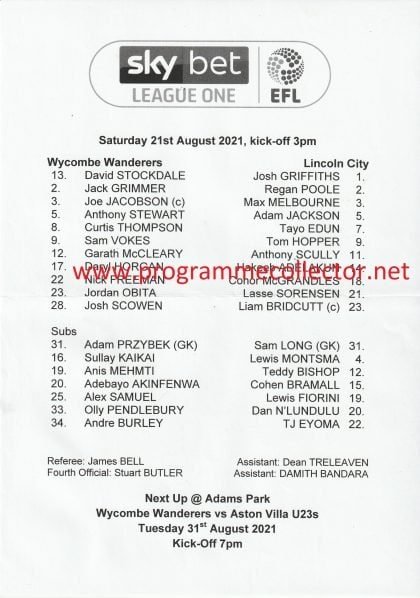 Wycombe Wanderers v Lincoln City 21-Aug-2021