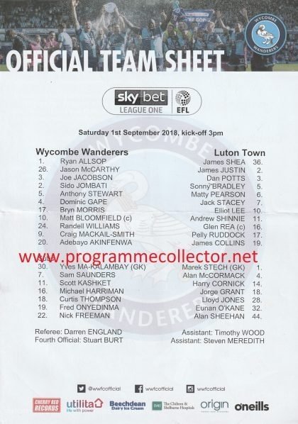 Wycombe Wanderers v Luton Town 01-Sep-2018