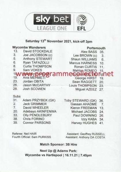 Wycombe Wanderers v Portsmouth 13-Nov-2021