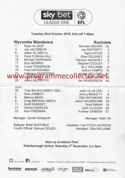 Wycombe Wanderers v Rochdale 23-Oct-2018