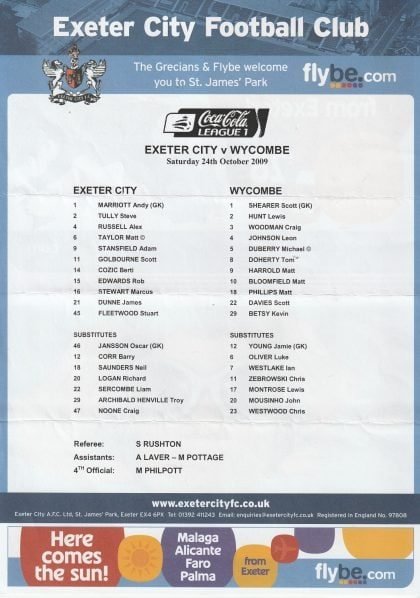 Exeter City v Wycombe Wanderers  24-Oct-2009