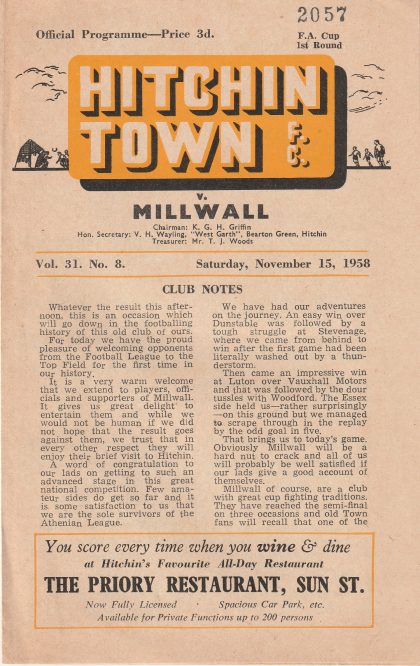 Hitchin Town v Millwall  15-Nov-1958