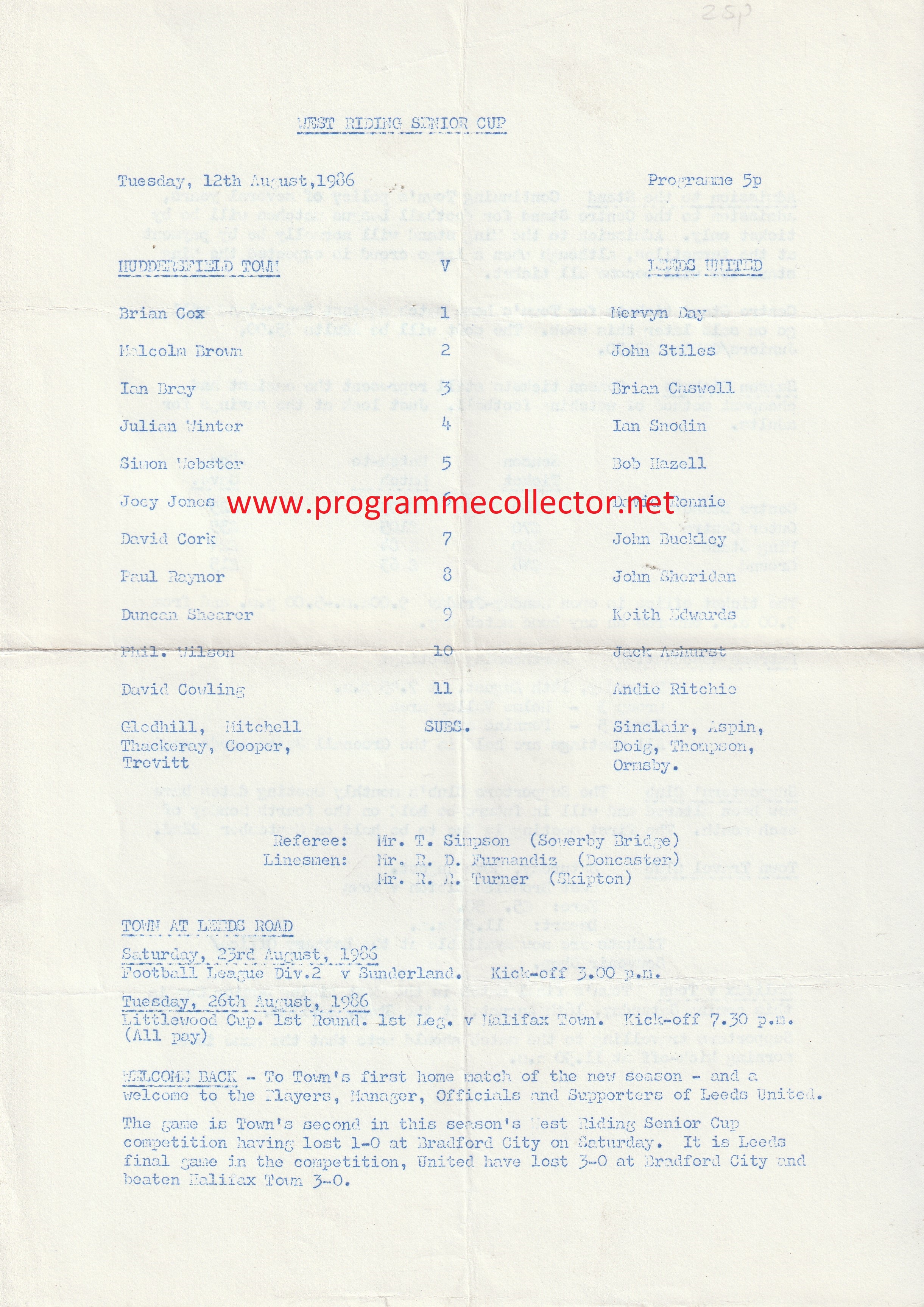 Huddersfield Town v Leeds United 12-Aug-1986