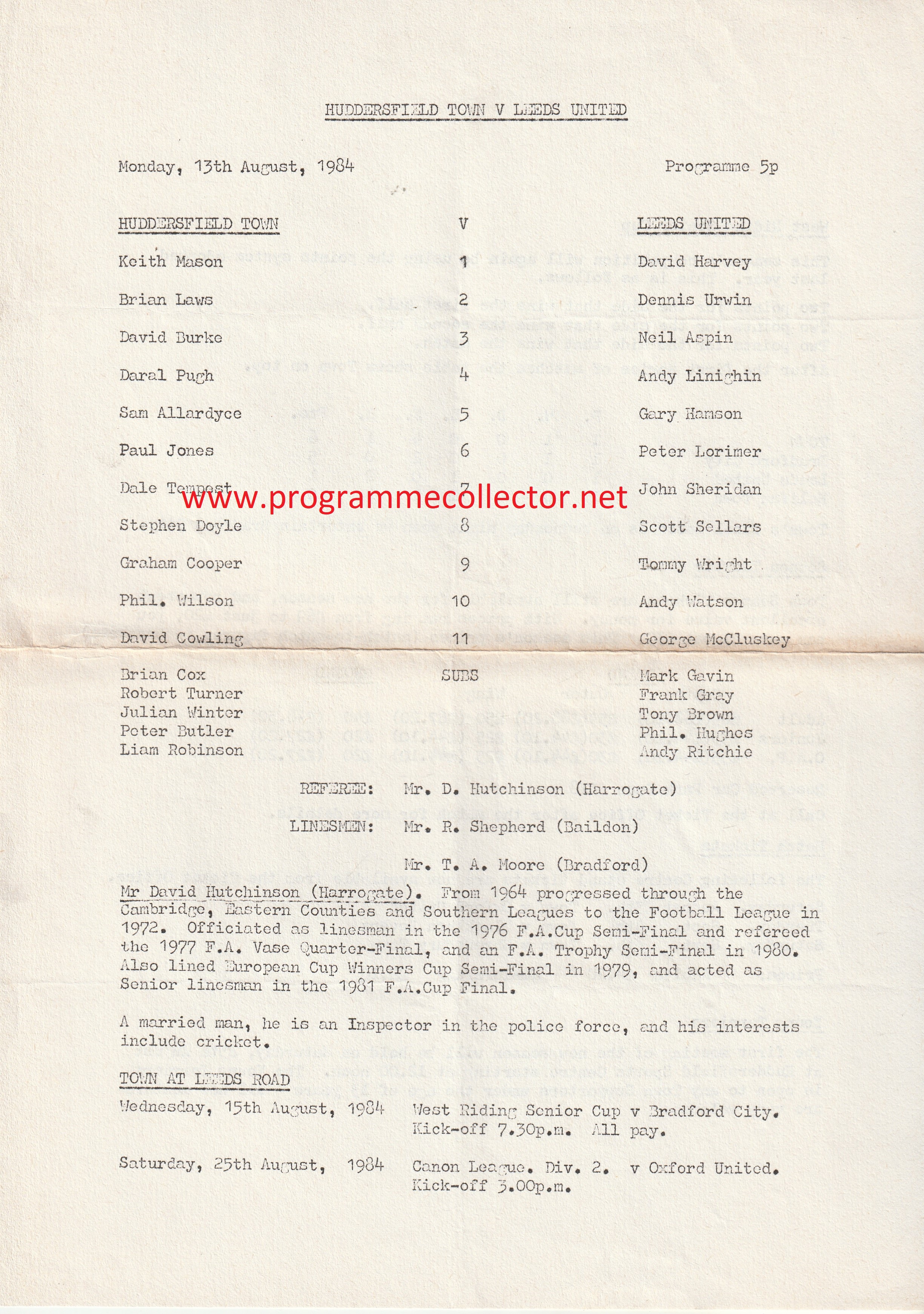 Huddersfield Town v Leeds United 13-Aug-1984