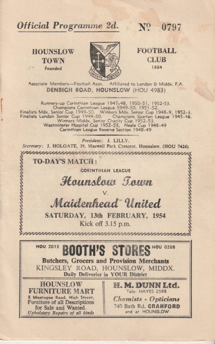 Hounslow Town v Maidenhead Town 13-Feb-1954