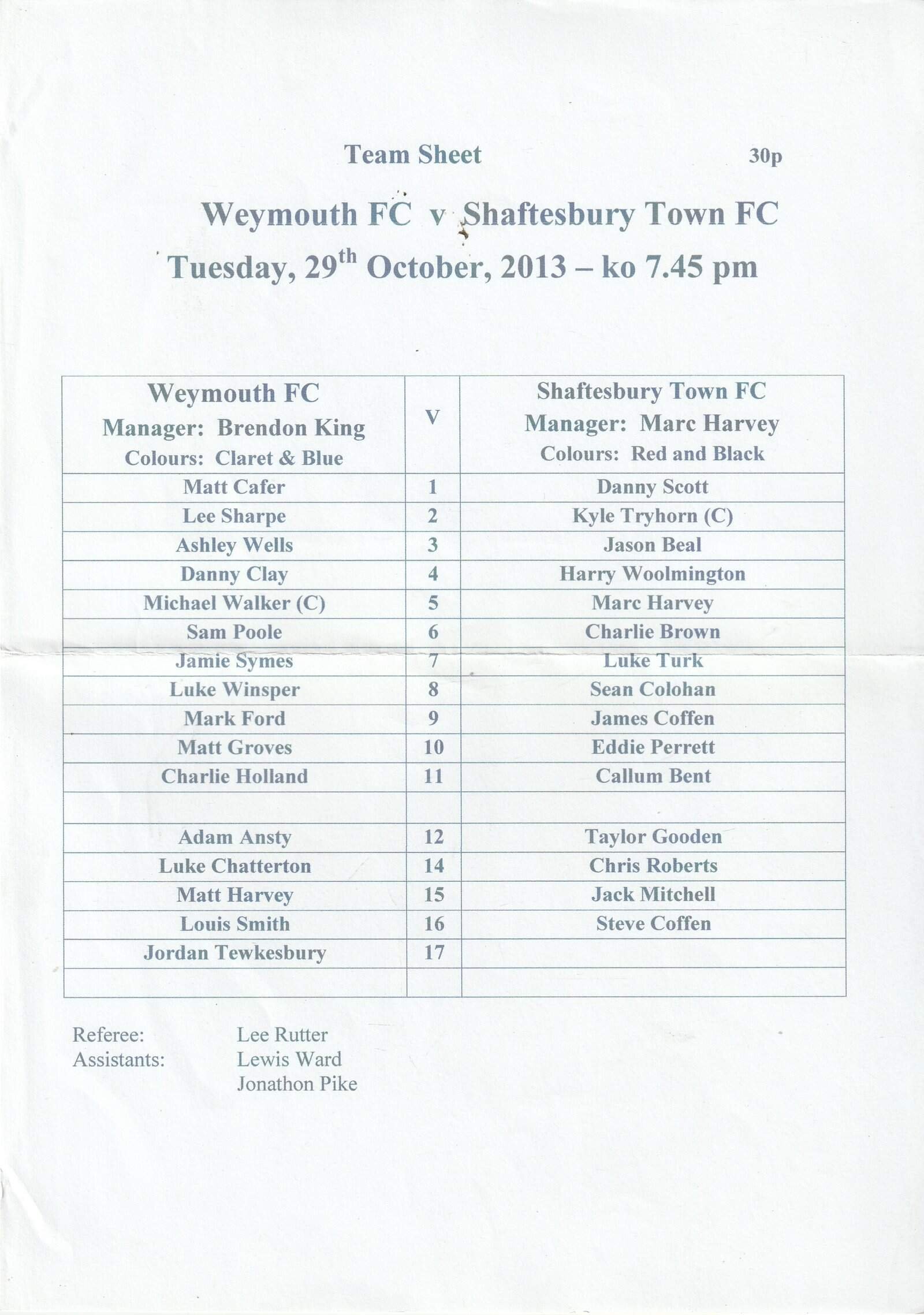 Weymouth v Shaftesbury Town 29-Oct-2013