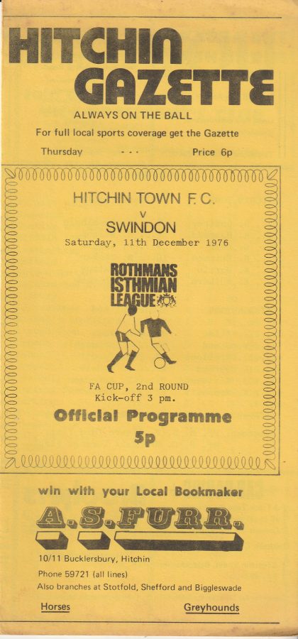 Hitchin Town v Swindon Town  11-Dec-1976