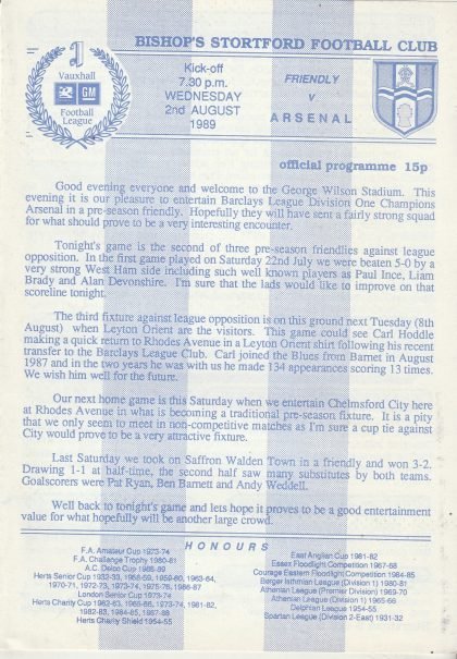Bishop's Stortford v Arsenal 02-Aug-1989