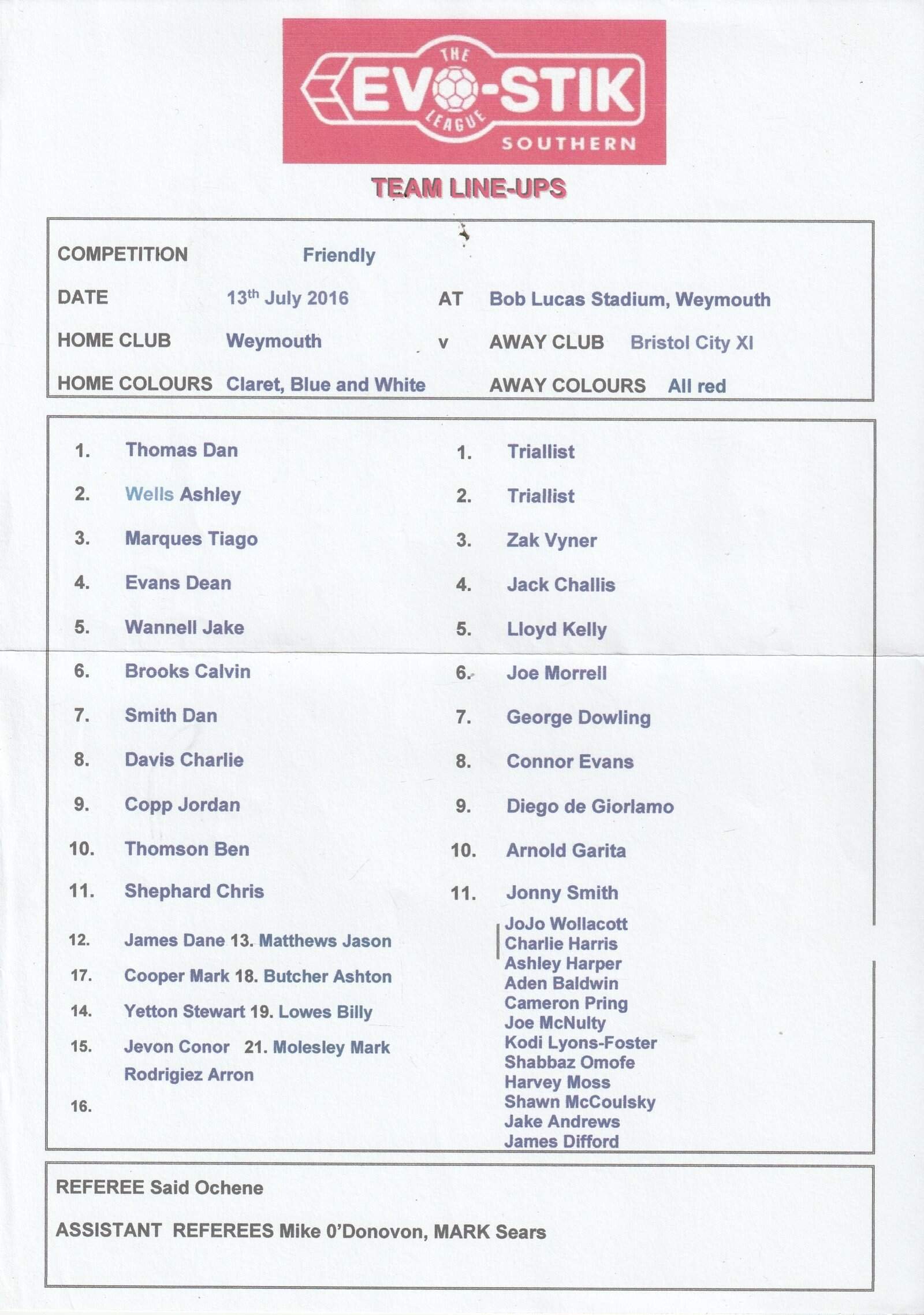 Weymouth v Bristol City XI 13-Jul-2016