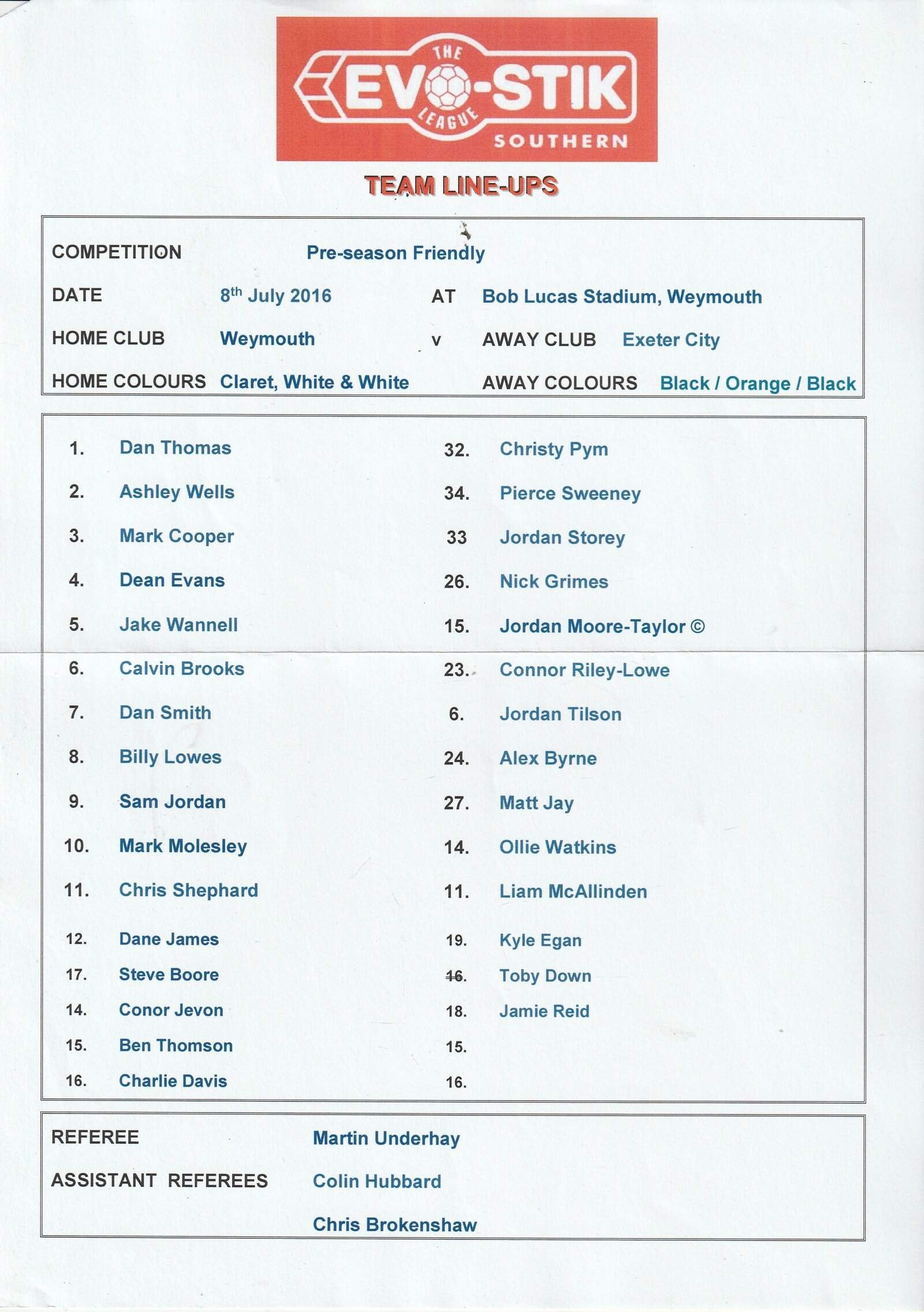 Weymouth v Exeter City 06-Jul-2016