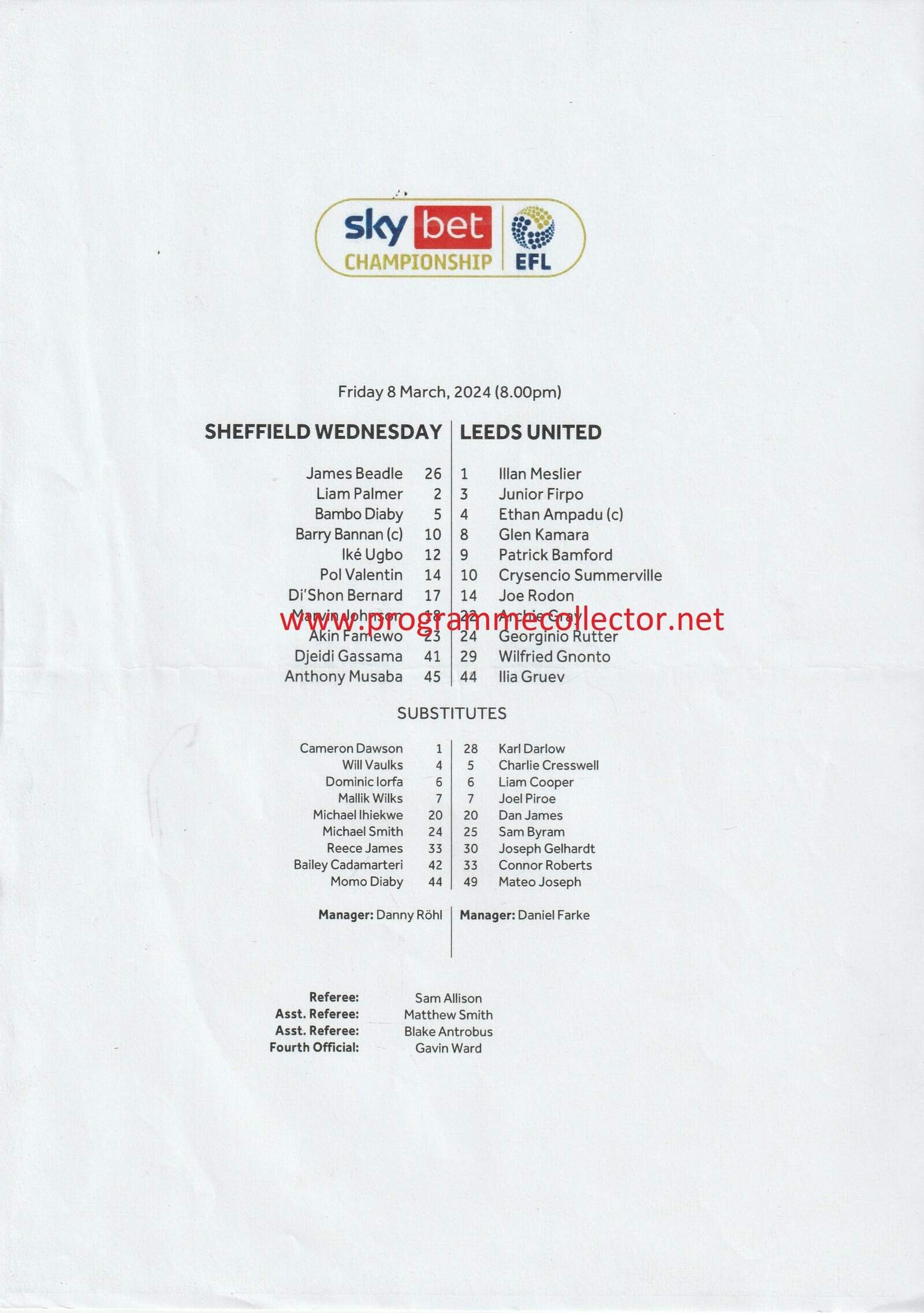 Sheffield Wednesday v Leeds United  08-Mar-2024