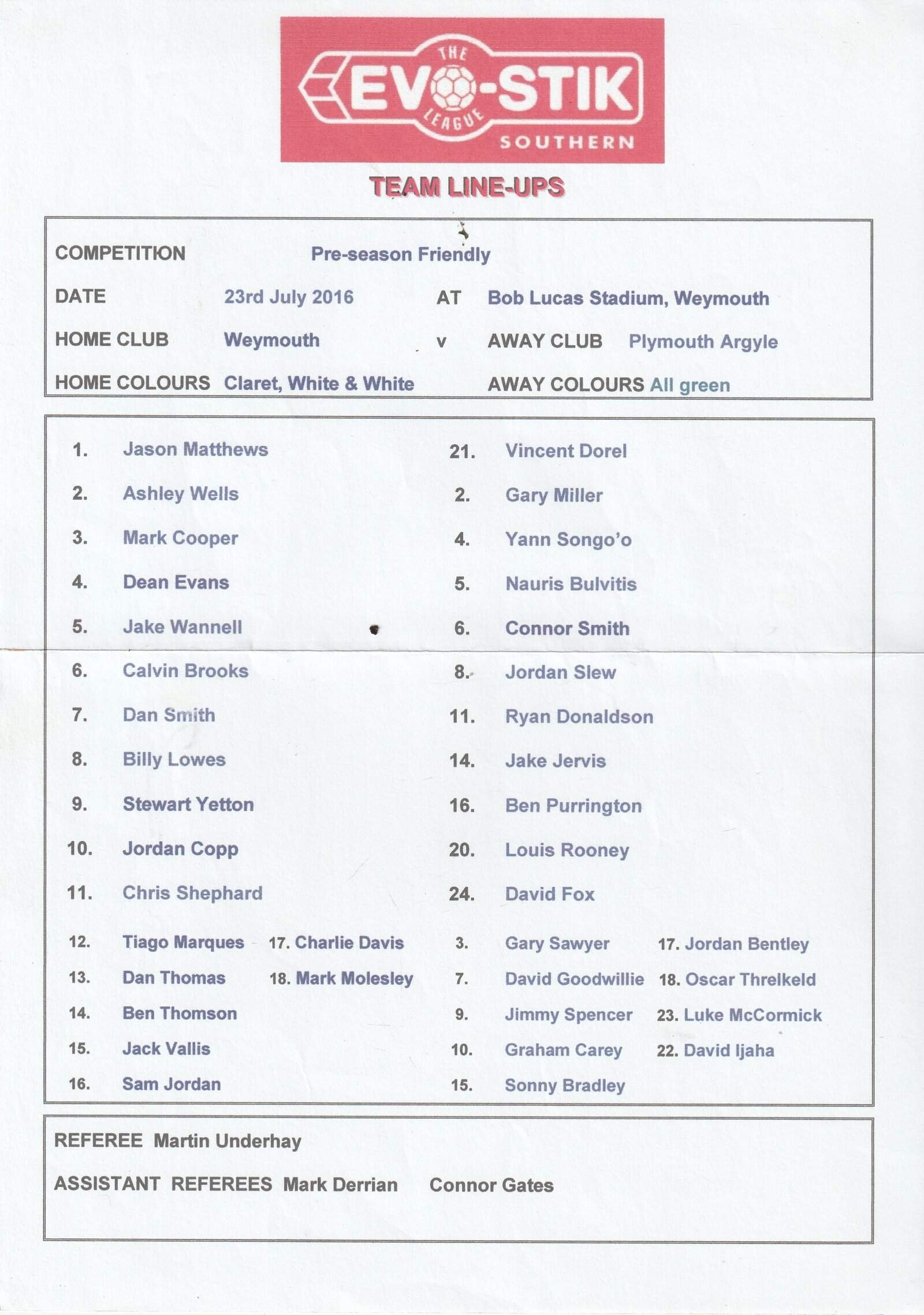 Weymouth v Plymouth Argyle 23-Jul-2016