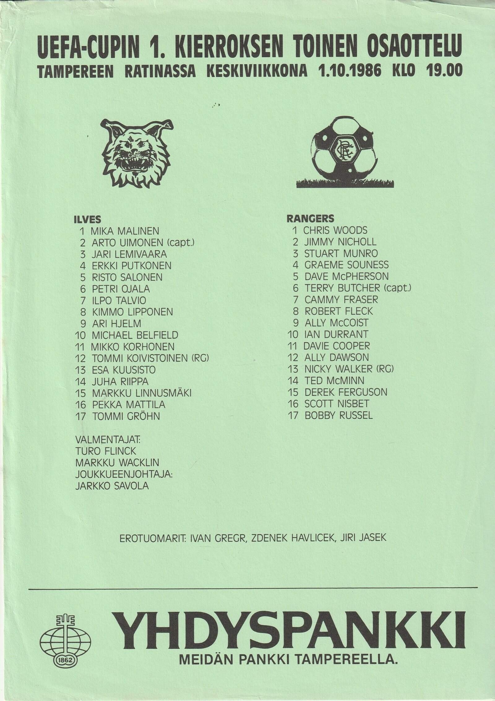 Ilves Tampere v Glasgow Rangers 01-Oct-1986