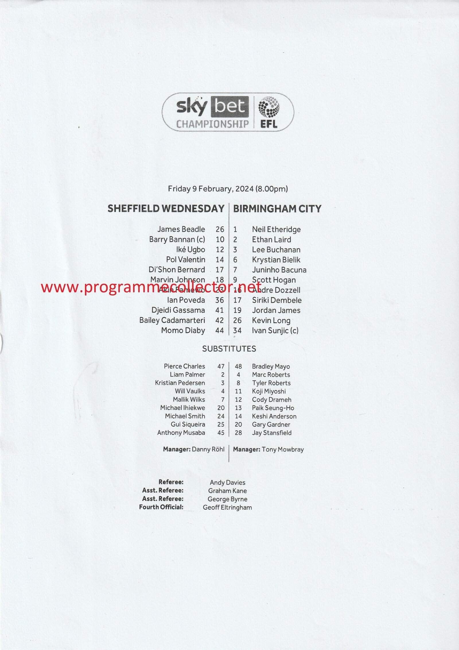 Sheffield Wednesday v Birmingham City 09-Feb-2024