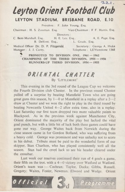 Leyton Orient v Chester 17-Oct-1962