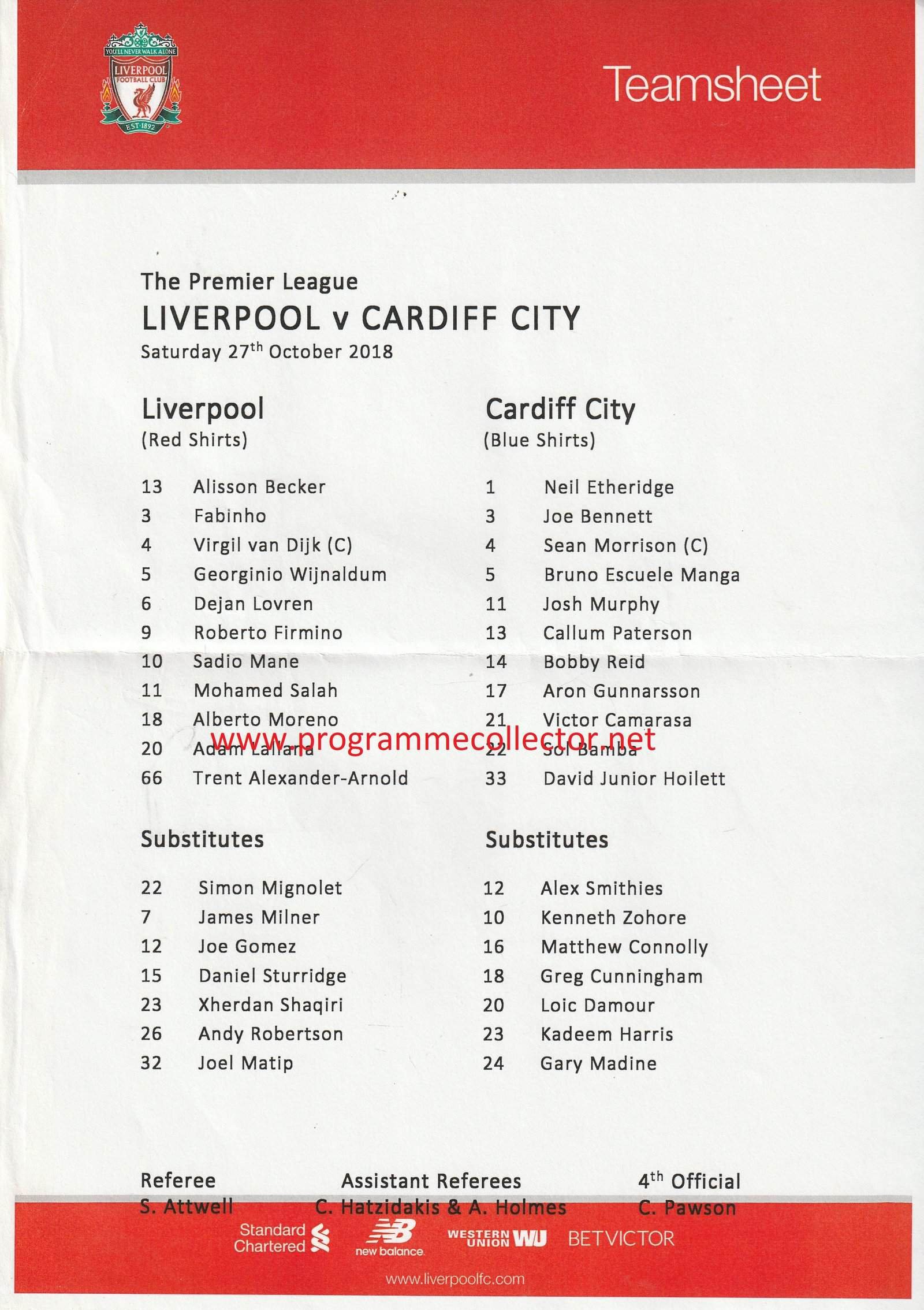 Liverpool v Cardiff City 27-Oct-2018