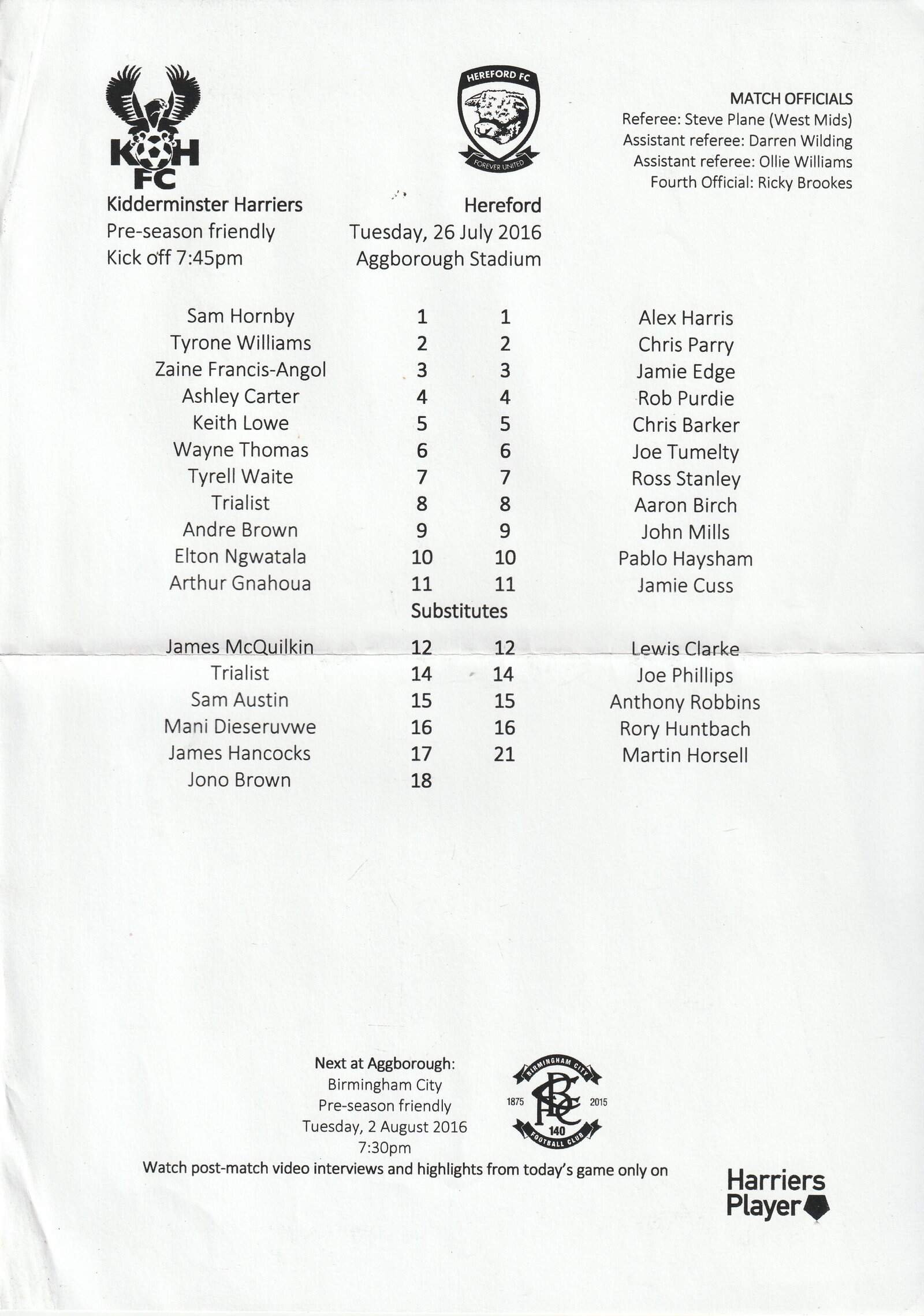 Kidderminster Harriers v Hereford United  26-Jul-2016