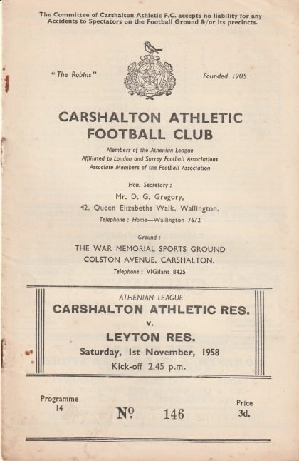 Carshalton Athletic Reserves v Leyton Reserves 01-Nov-1958
