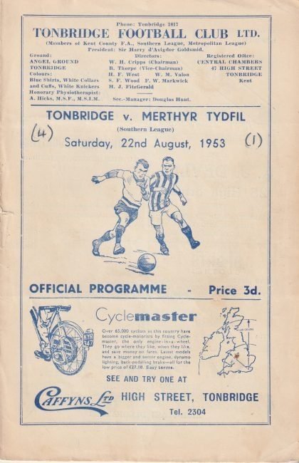 Tonbridge v Merthyr Tydfil 22-Aug-1953