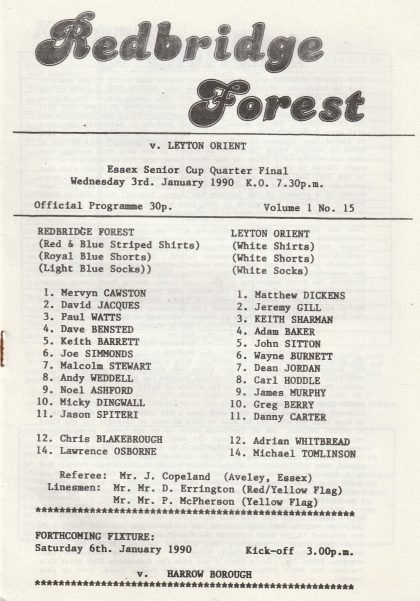 Redbridge Forest v Leyton Orient 03-Jan-1990