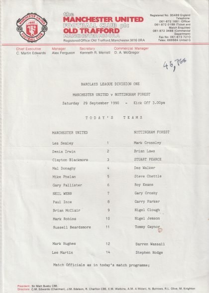 Manchester United v Nottingham Forest 29-Sep-1990