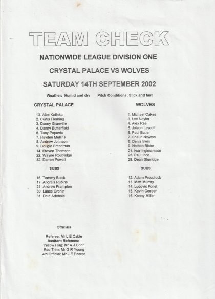 Crystal Palace v Wolverhampton Wanderers 14-Sep-2002