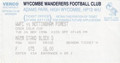 Wycombe Wanderers v Nottingham Forest 24-Sep-1996